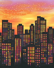 City skyline with glowing windows at sunset.