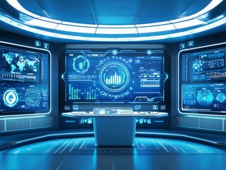 A high-tech control room with futuristic interfaces and screens displaying data analytics in a blue-lit environment.