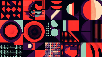 Geometric pattern with red, black, white, blue and green shapes.