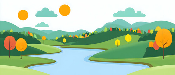 Illustrated landscape with winding river, green hills, colorful trees, clouds and sun.