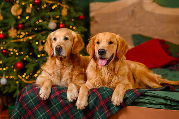 Golden retriever labrador dog in the living room on a warm cozy Christmas evening near a decorated Christmas tree with gifts. Christmas and New Year concept