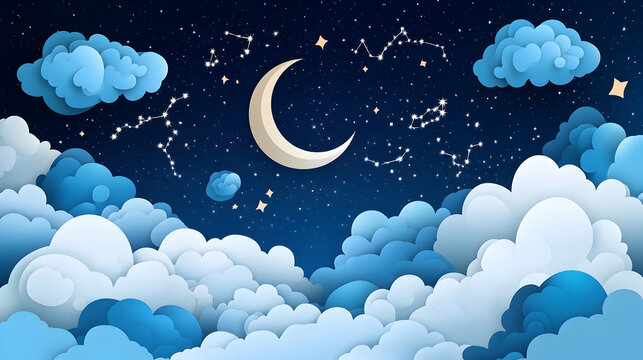 Night sky with crescent moon and stars, clouds in paper art style.