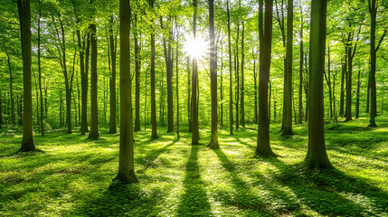 Obraz premium Sunlight streams through the trees in a lush green forest. (1)