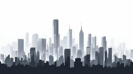Silhouettes of skyscrapers in a modern city skyline against a white background.