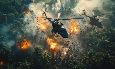Helicopters attacking jungle with fire and smoke.