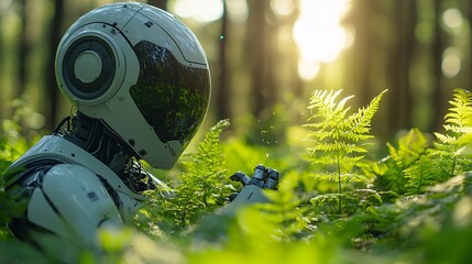 Robot Gently Placing Seeds Among Vibrant Ferns