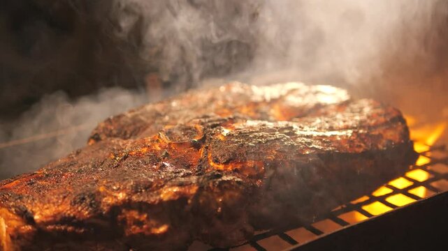 Grilled large chunks of juicy BBQ beef cooked over charcoal for summer and spring barbecue parties outdoors. street food. meat is fried on fire. juicy steak