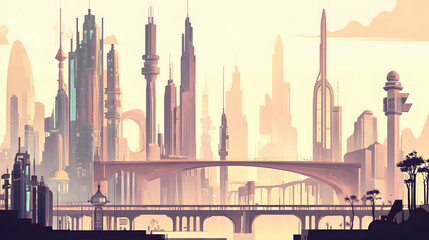 Obraz premium A futuristic cityscape with tall buildings and a bridge, set against a hazy sunset sky.