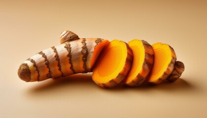 Naklejka premium Fresh turmeric roots cut into small slices, scattered on an isolated white background.