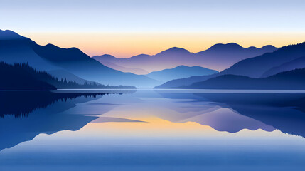 Obraz premium A serene lake with mountains reflecting in the water at sunrise.