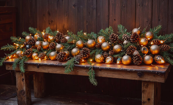 Wooden bench with a Christmas tree decoration on it