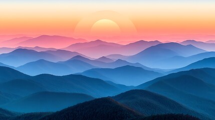 Obraz premium A vibrant sunrise paints the sky over a series of mountain ranges, with a soft golden light illuminating the peaks.