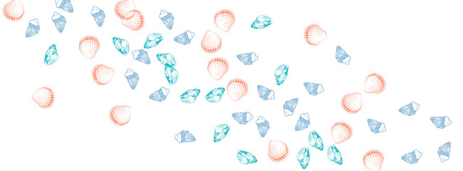 Orange Oyster Background White Vector. Shellfish Vintage Wallpaper. Doodle Graphic. Gray Snail Tropical Set.