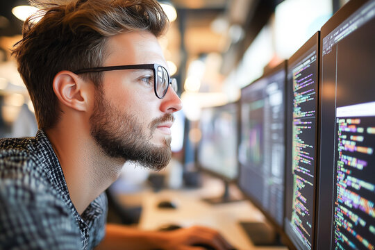 Man wearing glasses is looking at a computer monitor. The monitor has a lot of text on it