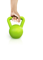 Female hand holding green dumbbell PNG transparent.