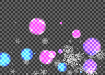 Blue Snow Background Transparent Vector. Flakes Greeting Card. Pink Blizzard. Black Snowflakes December. Ornament Texture.