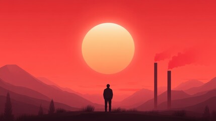 Fototapeta premium A solitary figure stands against a vibrant sunset over industrial mountains