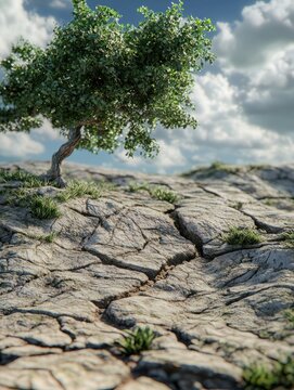 Dry land cracked soil green tree gl obal warming.