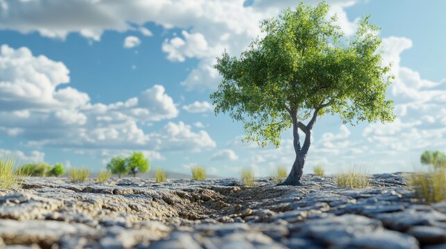 Dry land c racked soil g reen tree g lobal warming.
