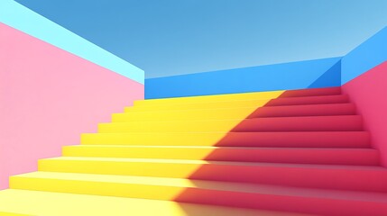 A yellow staircase leading up to a bright blue and pink wall with a clear blue sky in the background.