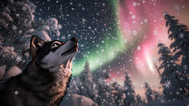 Wolf Gazing at Aurora Borealis in Snowy Forest