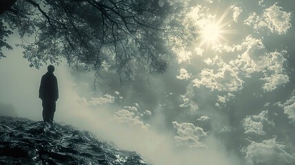 Fototapeta premium Silhouette of a Person Standing in a Foggy Landscape with a Cloudy Sky and Sunlight