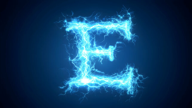 The letter E is formed from a bright blue electric discharge on a dark blue background.