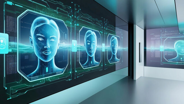 Holographic face recognition technology displayed in modern digital landscape, showcasing data layers and abstract visuals. scene evokes sense of advanced security and innovation