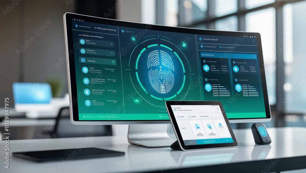 Poster ai powered security dashboard with hologram interface showcasing seamless biometric scans and advanc