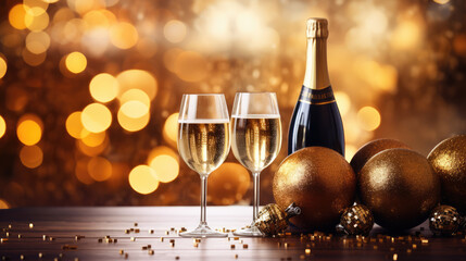 generated illustration of glasses and a bottle of champagne with bokeh light on black background.