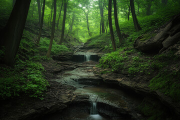 A serene forest scene with cascading waterfalls surrounded by lush green trees, creating a tranquil and refreshing atmosphere.