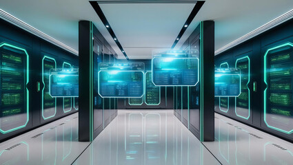 Fototapeta premium High tech server room with floating holographic interfaces displaying real time data streams, illuminated by neon glow, creating futuristic atmosphere