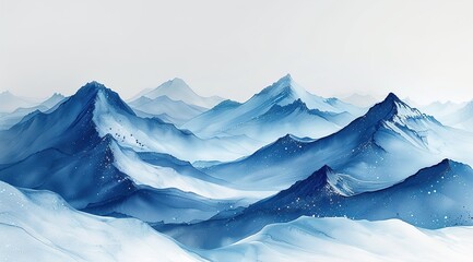 Fototapeta premium Epic snow mountain peaks winter painting with watercolor ink texture