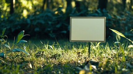 A blank sign stands in a grassy area surrounded by foliage, suggesting a message or marker.