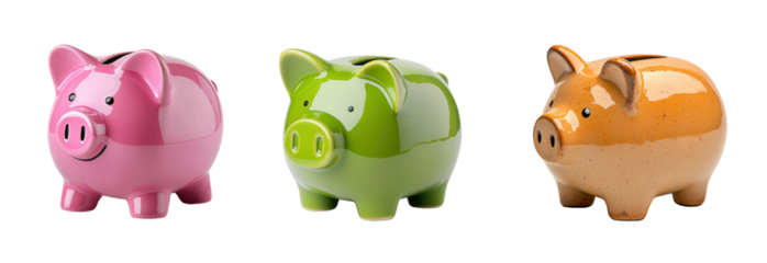 Cute piggy banks in pink, green, and orange colors, perfect for saving money and teaching kids about finances. These charming designs add playful touch to any room