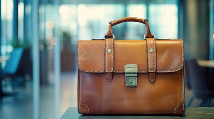 a business briefcase with a blurred office background, muted colors, professional and elegant