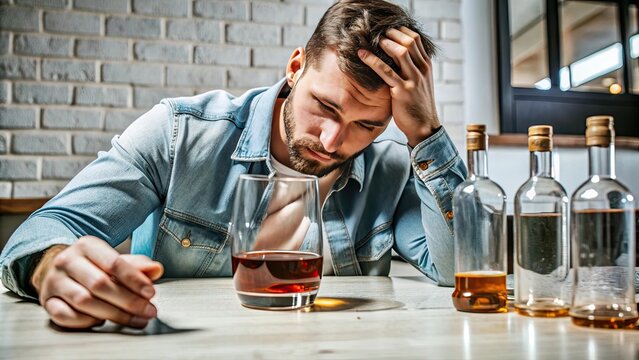 A man looking distressed while sitting at a table with a glass of alcohol and empty bottles, illustrating struggles with addiction and emotional challenges.