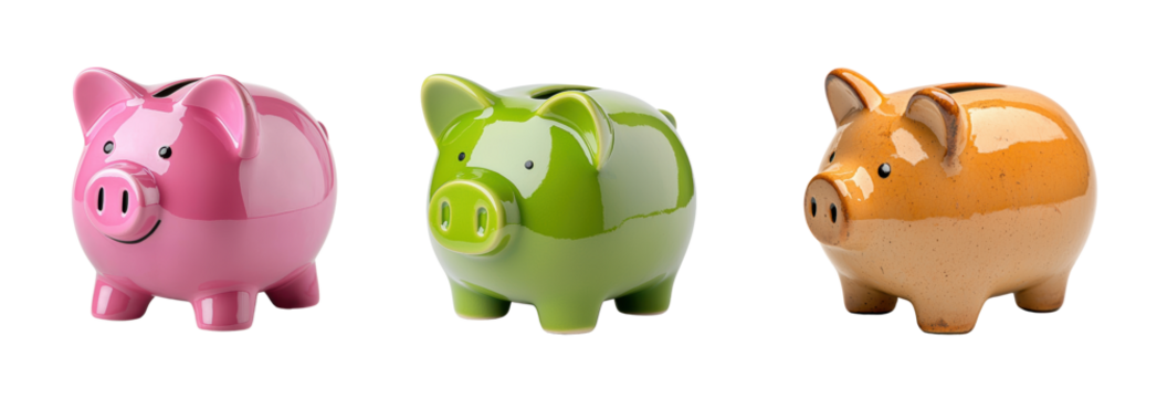 Cute piggy banks in pink, green, and orange colors, perfect for saving money and teaching kids about finances. These charming designs add playful touch to any room