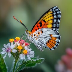 Fototapeta premium Beautiful Orange White Butterfly on Flowers Macro Closeup
