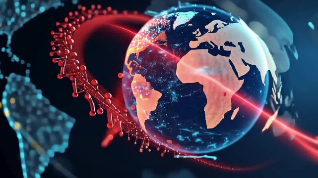 Red glowing coronavirus chain surrounding earth globe formed by network of dots, symbolizing global spread of covid-19 virus. Corona virus SARS-CoV-2. Monkey pox. Omicron. Delta. Flirt. Pandemic.