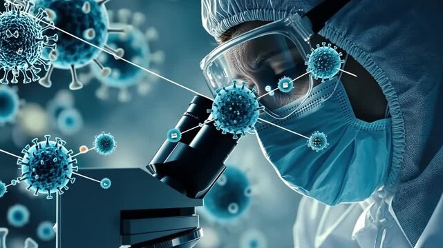 Scientist wearing protective gear is using a microscope to analyze coronavirus cells. The image evokes the scientific research on covid-19. SARS-CoV-2. Monkey pox. Omicron. Delta. Flirt. Pandemic