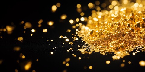 Gold sequins scattered on a black background. Sparkling particles create an impression of wealth and celebration, with a bokeh effect, adding soft light accents.