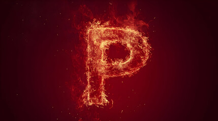 The letter 'P' formed from burning flames against a dark red background.