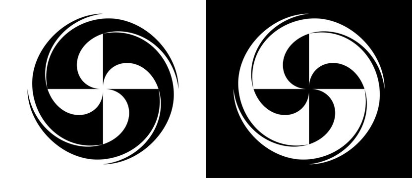 Abstract background spiral with 4 segments. Art design circle concept like a flower. Black lines on a white background and white lines on the black side.