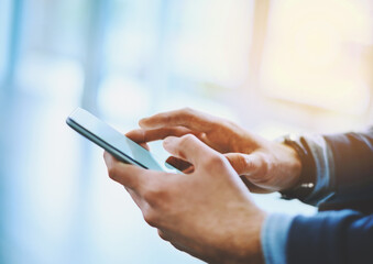 Hands, mobile and business man for communication, social media and networking with website or internet. Employee, phone and online for research, corporate contact and revenue report with typing email