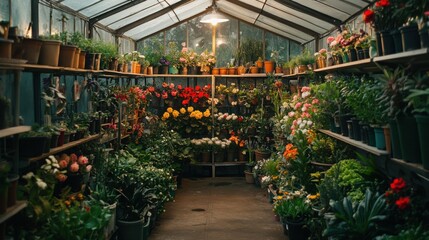 inside view of a greenhouse filled with various blooming plants, warm lighting