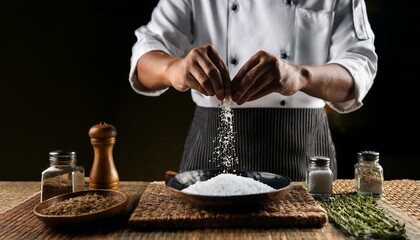 The chef’s hands pinching salt between fingers, seasoning a sauce with precision.