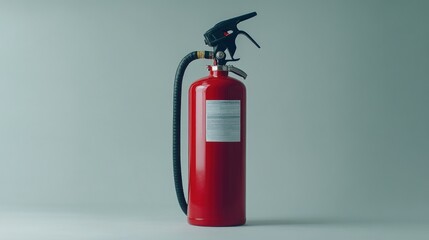 A red fire extinguisher with a black hose and trigger stands against a gray background, essential safety equipment for fire emergencies.