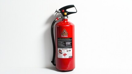 Naklejka premium A red fire extinguisher with instructions and safety labels mounted on a white wall, essential for fire safety and emergency preparedness.