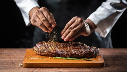 The chef's hands preparing a steak, applying dry rub seasoning with both hands.